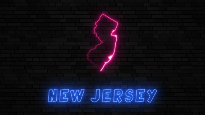 新泽西州地图剪影，深色砖墙背景上有霓虹灯线