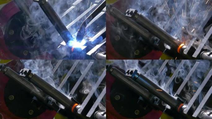 工厂慢动作中的金属铁激光氩焊机器人。