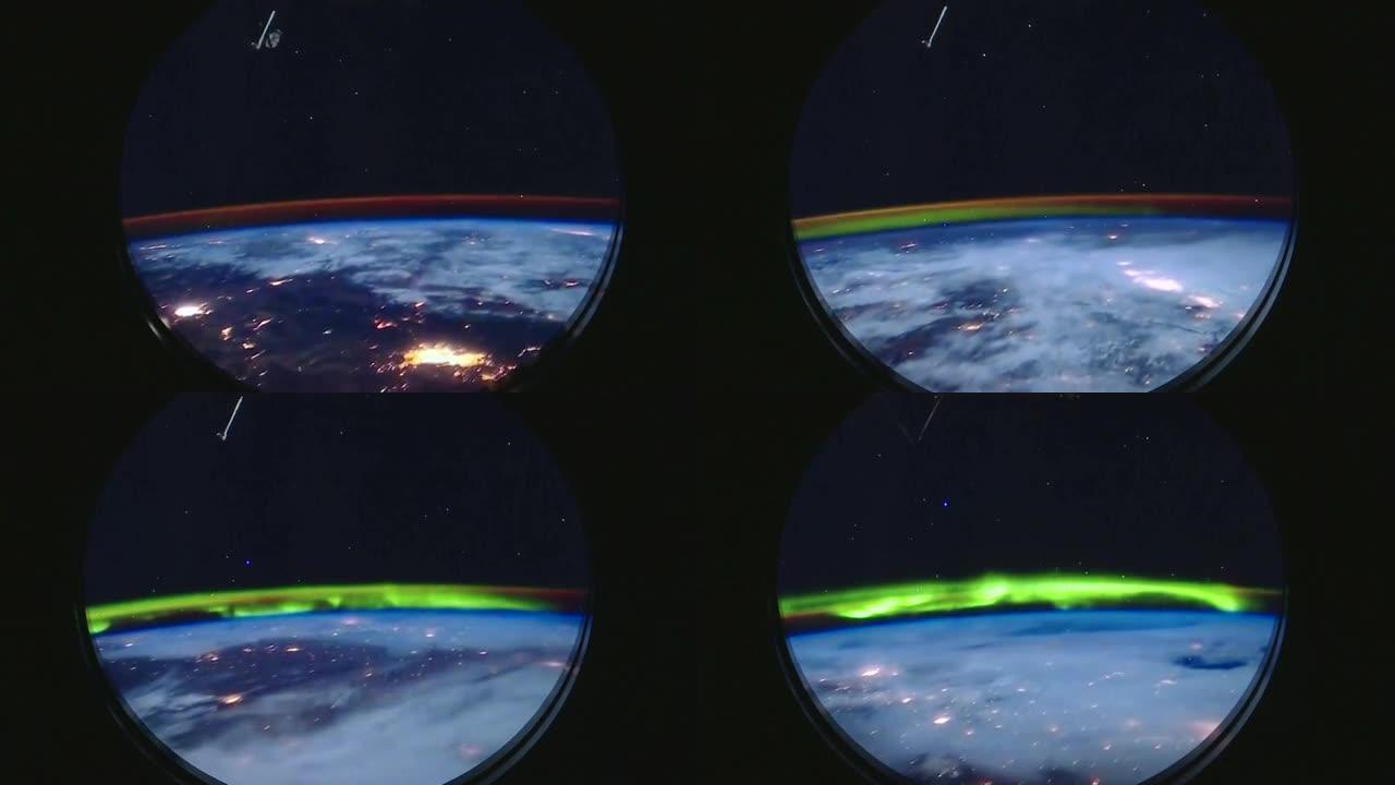 从国际空间站 (ISS) 的窗口可以看到地球。NASA和发现号。