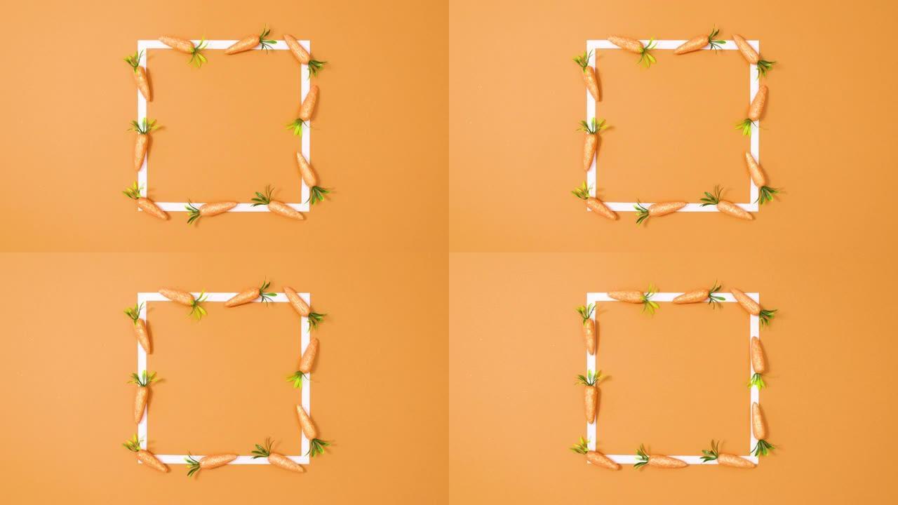 白色复制空间框架，橙色背景上有移动胡萝卜。停止运动