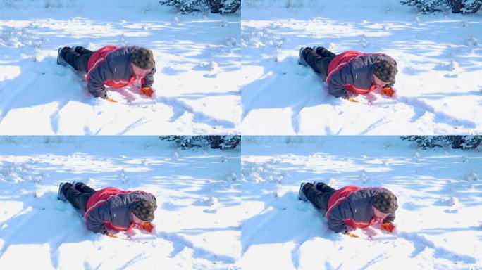 冬季，一名男子运动员在白雪上俯卧撑。冬季运动。运动训练。体育锻炼。健身运动。健康的生活方式。男运动员