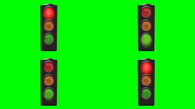 绿色背景上的欧洲红色橙色和绿色三色交通灯