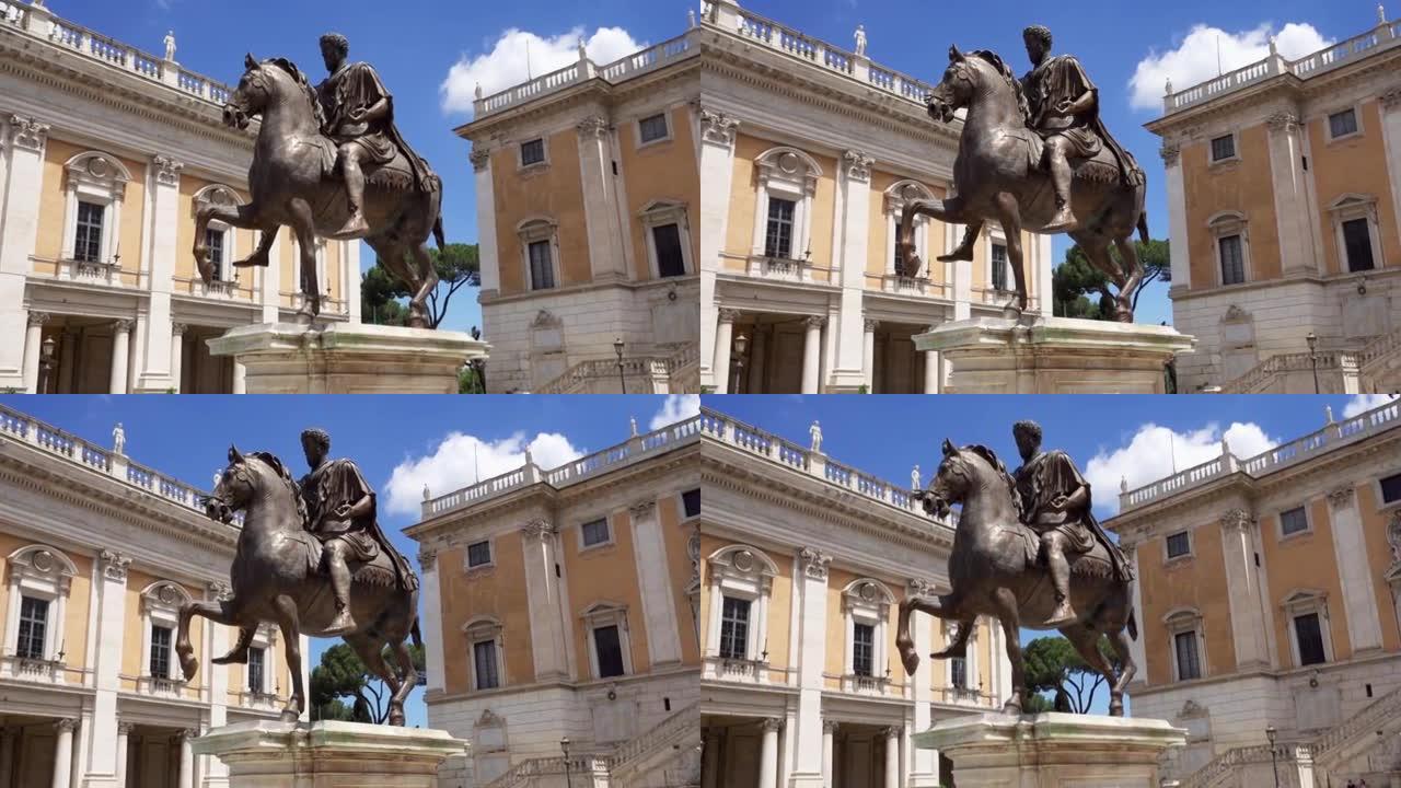 在慢镜头中，意大利罗马国会山上的马可·奥勒留皇帝骑马的青铜雕像