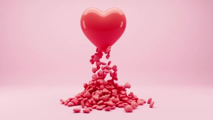 大红心漂浮与粉红色背景的迷你心。3D动画。情人节创意概念。