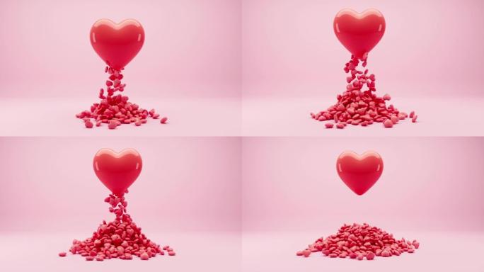 大红心漂浮与粉红色背景的迷你心。3D动画。情人节创意概念。