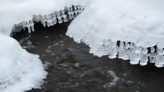 春天，冰在河上融化。森林河上异想天开的冰缘。冬天，河水在冰下流动。
