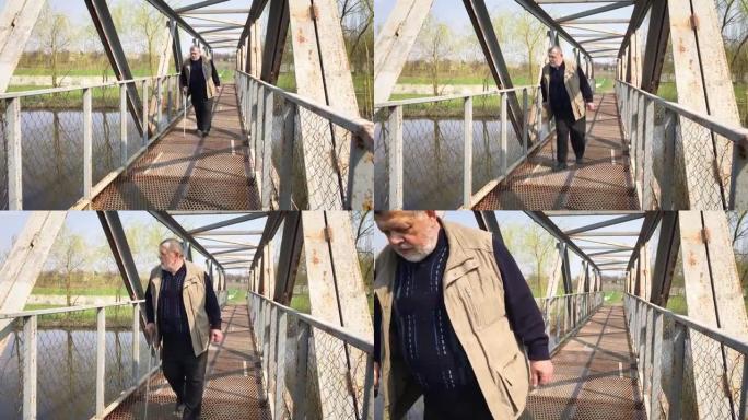 残疾的大胡子老人，手杖缓慢移动，在金属桥上四处观察