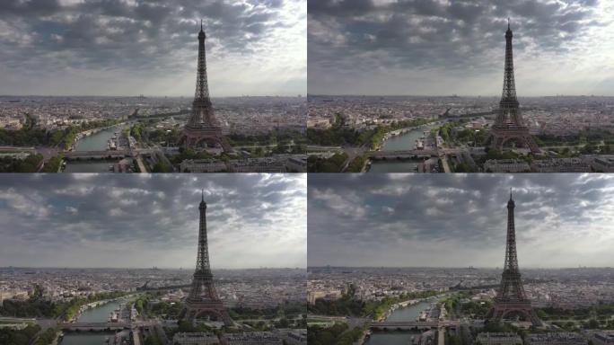 阴天巴黎城市景观中心著名塔广场河畔湾空中全景4k法国