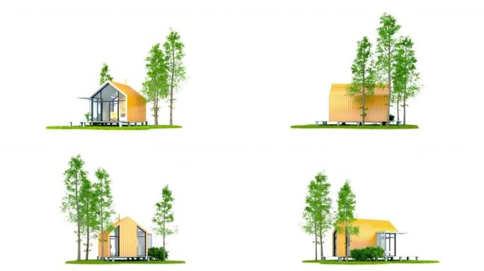无缝循环动画在绿色草坪岛上的现代紧凑小房子周围飞来飞去，周围是高大的松树。3d插图