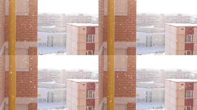 大雪纷飞，暴风雪映衬居民楼背景特写，冬天，从高处拍摄