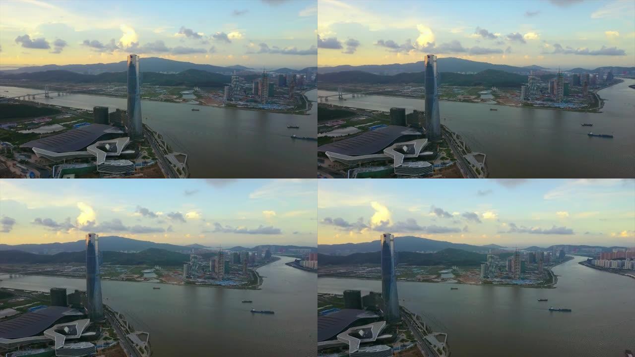 日落天空珠海国际会展中心空中海湾全景4k中国