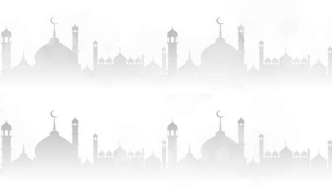 阿拉伯穆斯林清真寺的建筑。开斋节穆巴拉克伊斯兰背景动画以白色清真寺为概念