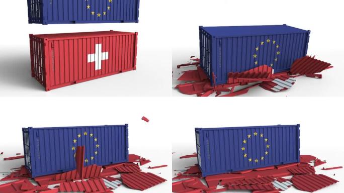 悬挂欧盟旗帜的集装箱将悬挂瑞士旗帜的集装箱分开
