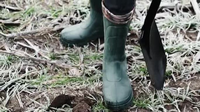穿着绿色橡胶靴的农民的腿。园艺服装，秋季橡胶鞋。