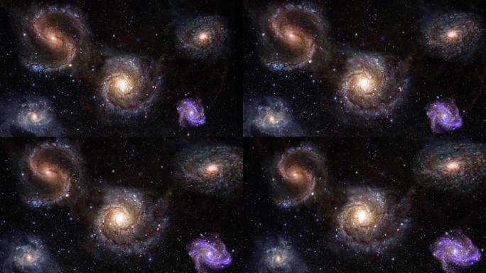 深空中的螺旋旋转星系。飞越星际空间进入数百万恒星的恒星星云。空间背景抽象动画