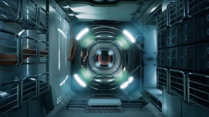 摄像机飞过飞船舱。该动画适用于梦幻般的，未来派或太空旅行背景。