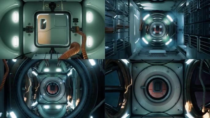 摄像机飞过飞船舱。该动画适用于梦幻般的，未来派或太空旅行背景。