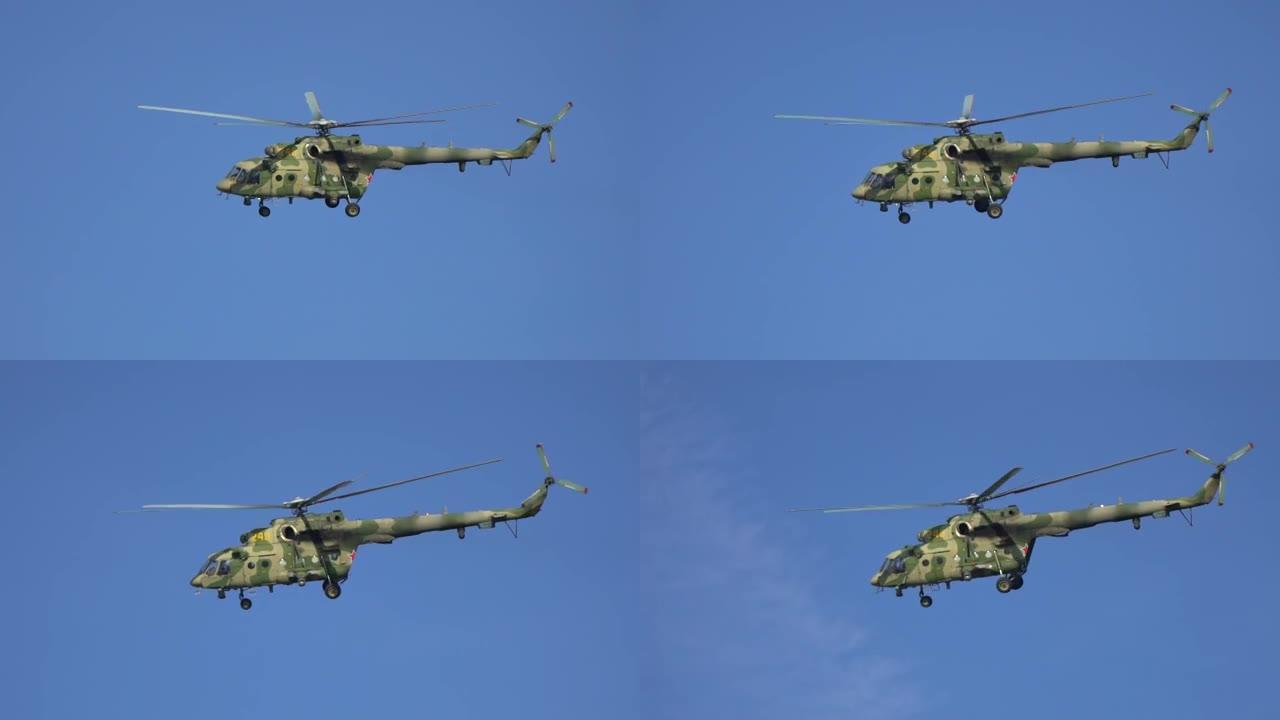 军用直升机，直升机，直升机，喷气式战斗机在空中飞行。战隼。俄罗斯战斗机，俄罗斯和美国军队。军机、机场