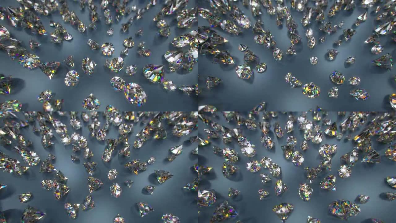 大量明亮的圆形切割钻石3D渲染无缝循环动画