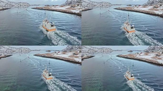 冬季挪威罗弗滕群岛渔船的风景鸟瞰图