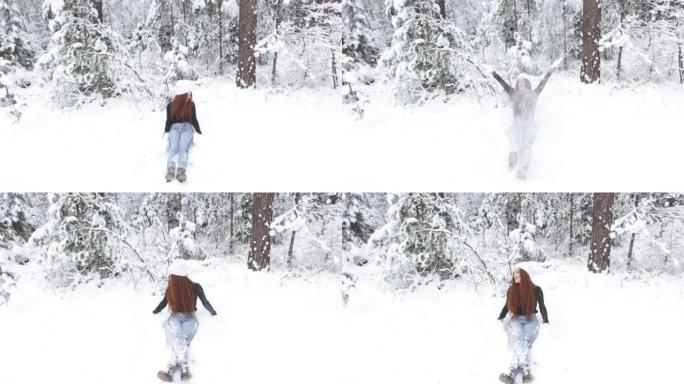 一个留着红色长发的女孩坐在白雪皑皑的森林里的雪地里，享受着冬天。
