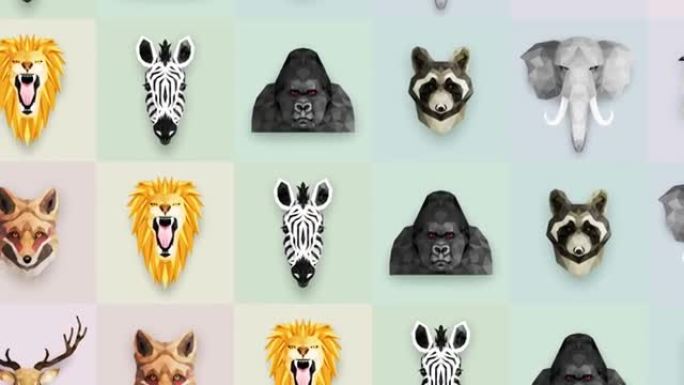 收集不同的动物。动物园符号。低多边形图标。狮子，大猩猩，斑马，浣熊，狐狸，大象，鹿，猫头鹰。几何循环