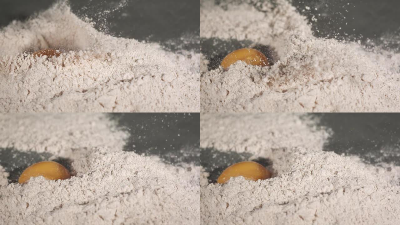 鸡蛋落入有机拼写面粉 (超慢动作)