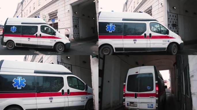 用汽车把病人送到医院。一辆救护车要开了。