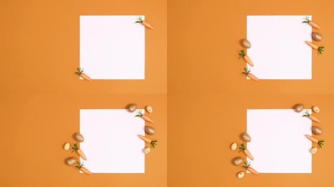 金色的鸡蛋和胡萝卜出现在橙色背景的纸卡笔记周围。停止运动最小平铺