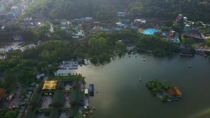 日落光珠海著名的新暖明公园湖泊航拍全景4k中国