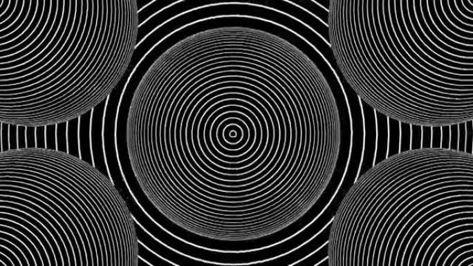 视错觉黑白无缝循环催眠圈背景。圆催眠动画，具有高清分辨率的运动错觉。3d超现实主义线条艺术。