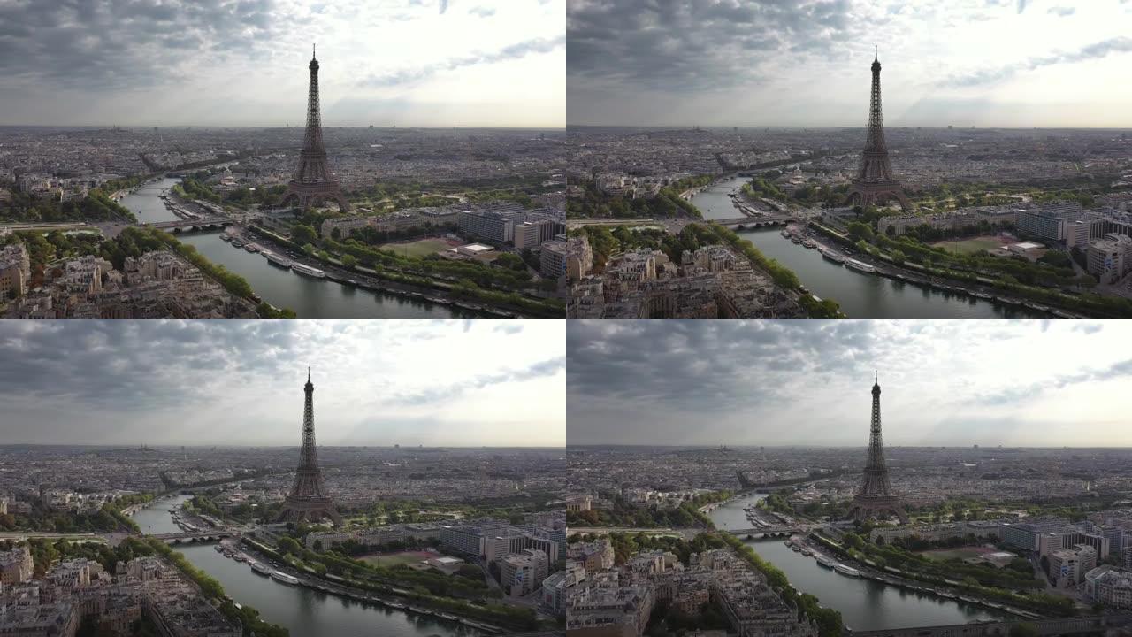 晴天巴黎市中心著名塔楼广场河畔空中全景4k法国