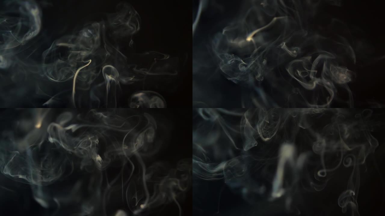 慢动作中的抽象白烟。烟，黑色背景上的一团冷雾，水烟，火。浮雾240