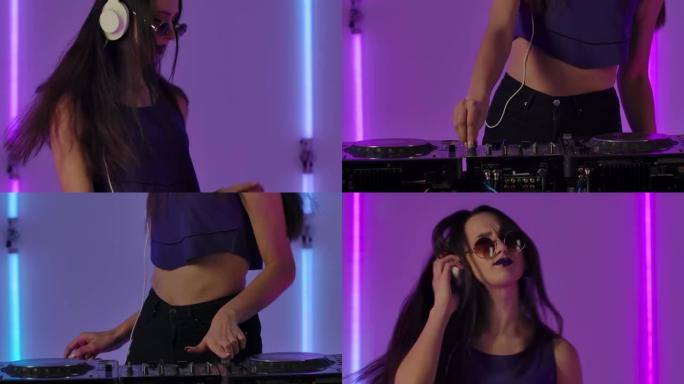戴着太阳镜和大白色耳机的年轻时尚女性的肖像在DJ转盘上跳舞和混合音乐。时尚模特在明亮的霓虹灯背景下摆
