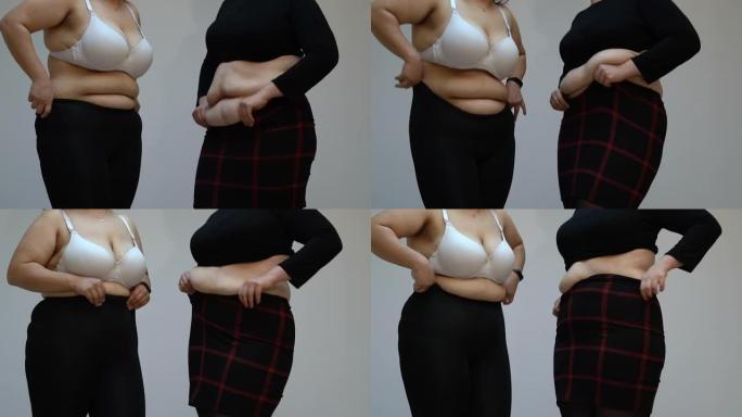 年轻的肥胖妇女挣扎着穿衣服，特写镜头，4k视频