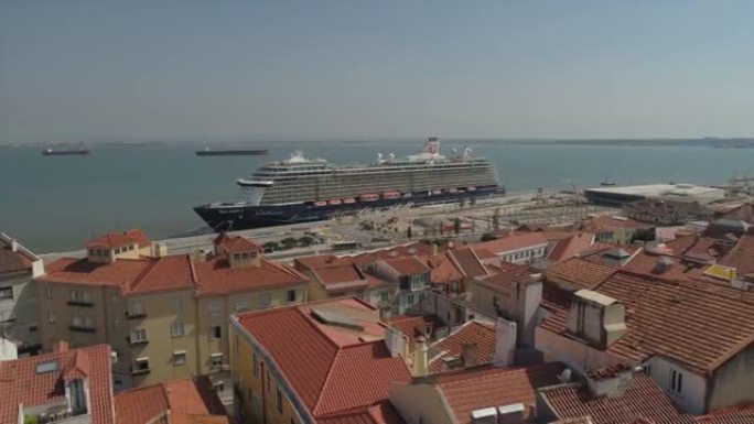 里斯本城市湾邮轮码头公园航空全景4k葡萄牙