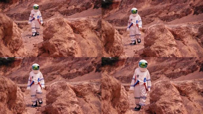 穿着太空服的女人在沙漠地区行走探索火星，梦想着人类与水源，生命相遇。