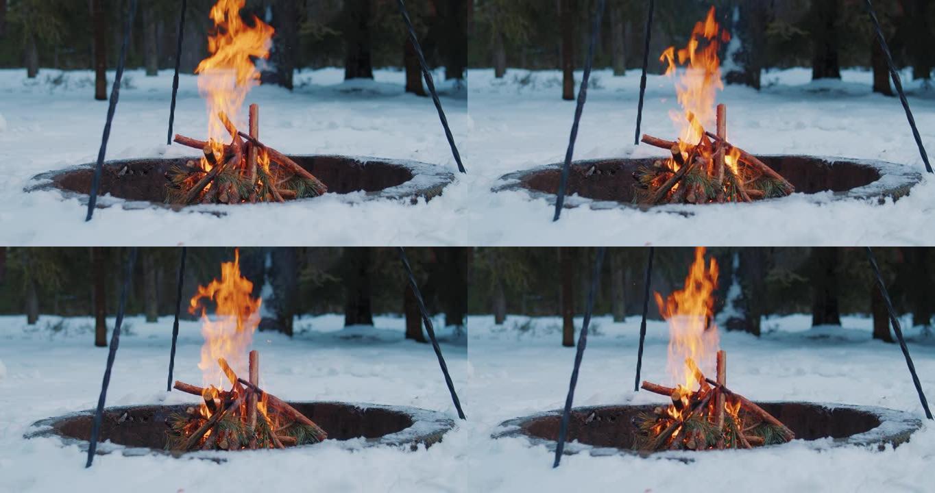 冬季森林中的篝火慢动作