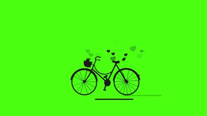 带有浪漫心图标动画的自行车。带有阿尔法亮度哑光的绿色屏幕
