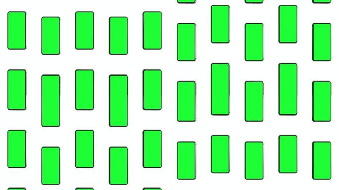 手机空白绿屏，前视图，隔离在白色背景上。上下移动的电话网格。4k动画，用于在屏幕布局上演示。无缝循环