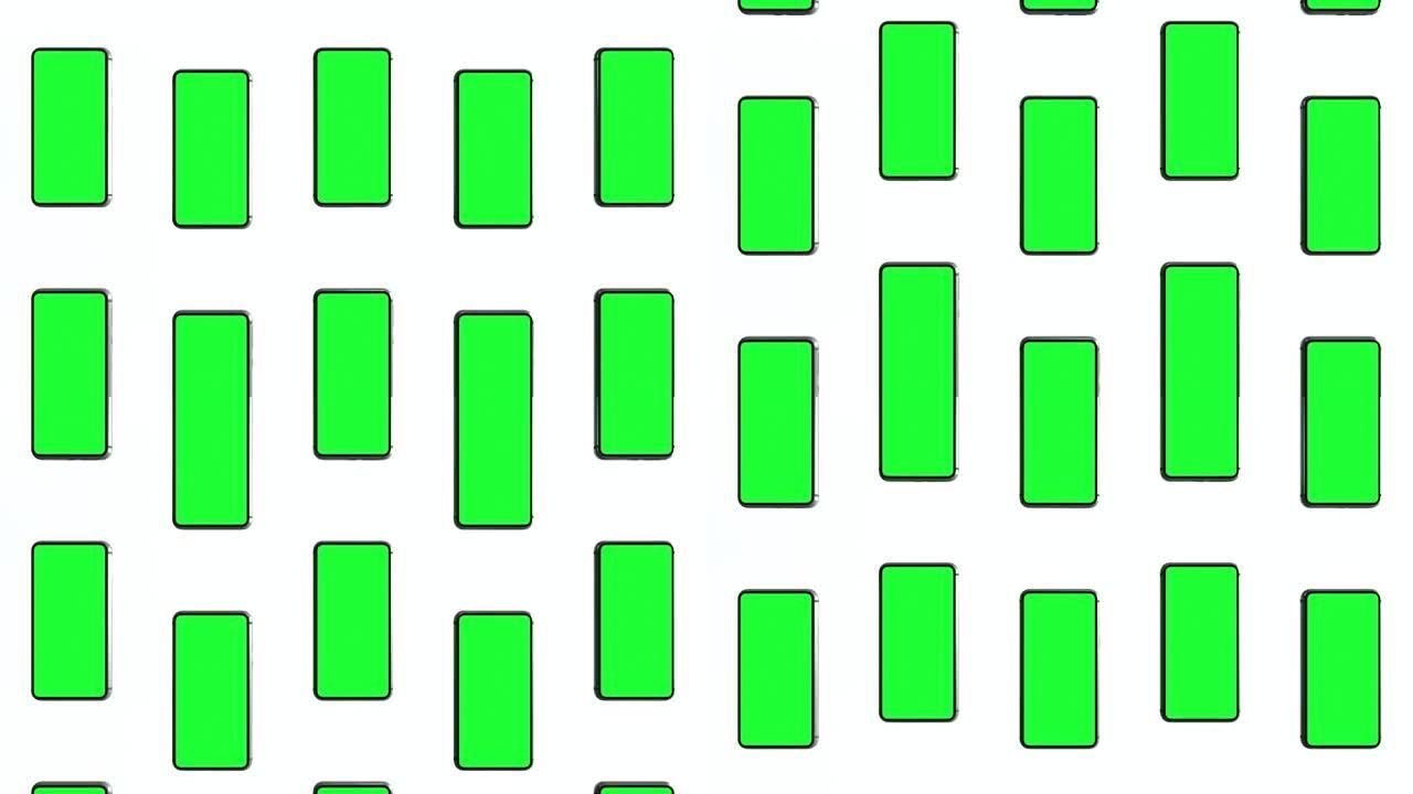 手机空白绿屏，前视图，隔离在白色背景上。上下移动的电话网格。4k动画，用于在屏幕布局上演示。无缝循环