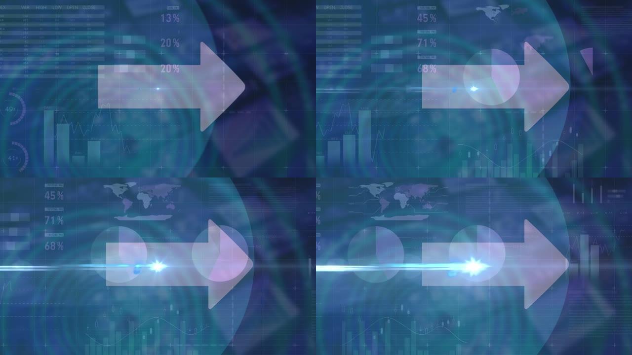 蓝色背景上箭头移动与统计数据处理的数字复合视频