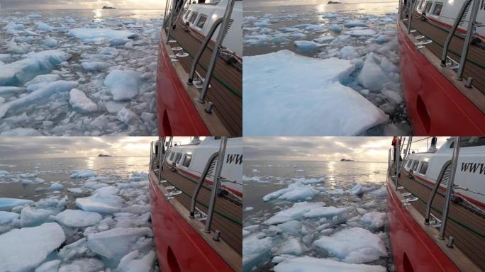 破冰船穿过南极冰层。
