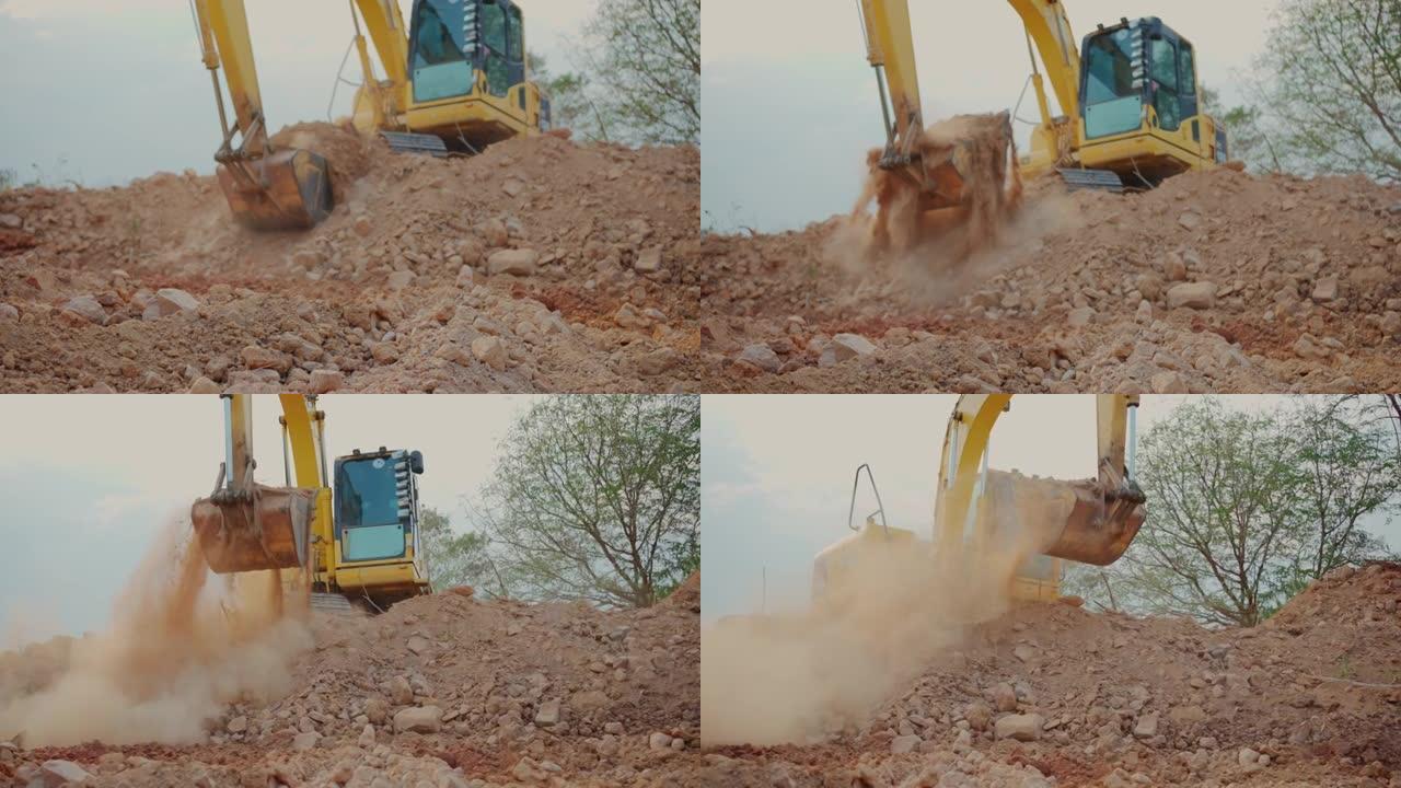 反铲; 自然背景下的建筑工地挖掘机