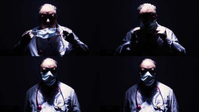 戴着口罩和手套的医生肖像从黑暗中出来，然后凝视着相机，把下巴放在下巴上。他是一个英雄，就像护士医生病