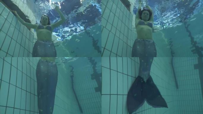 游泳池里的水下模型美人鱼服装。