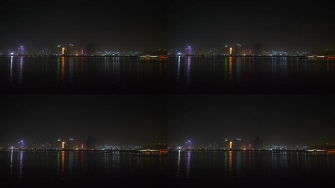 夜间照明杭州市滨河湾全景4k中国