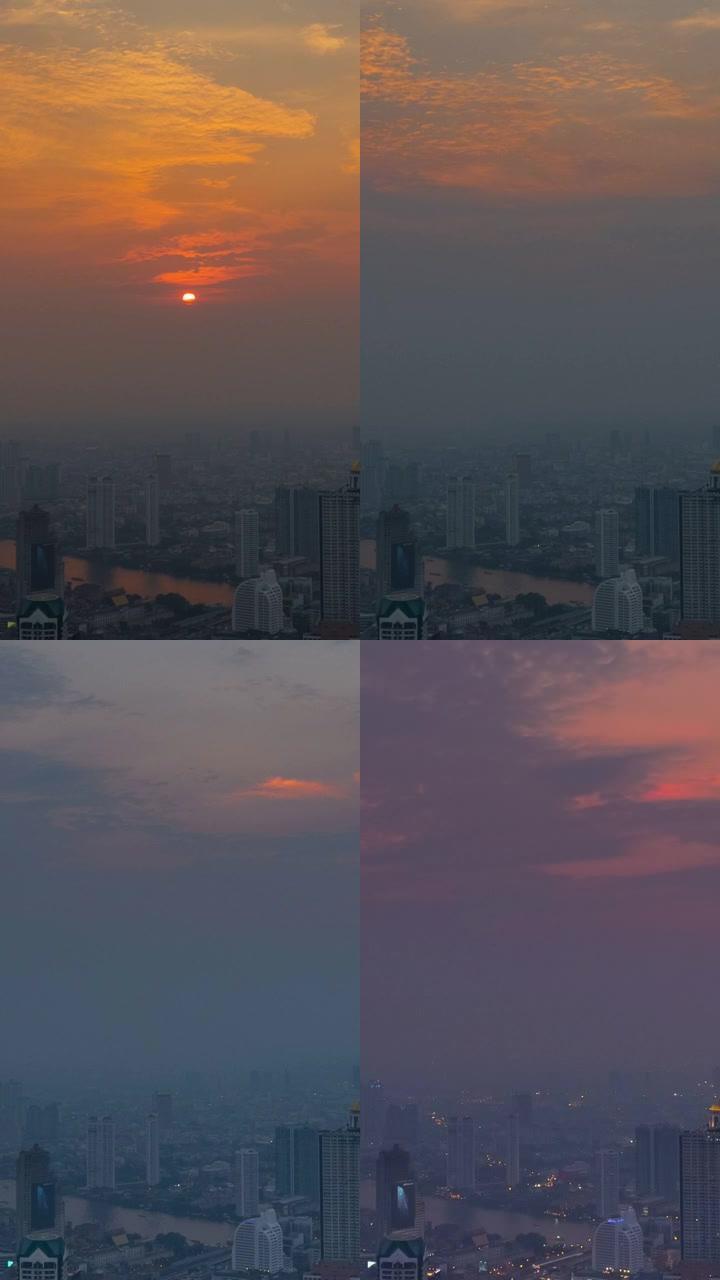延时，曼谷城市夜景的白天到夜晚，灰尘超过标准值PM2.5