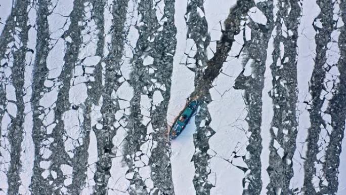 维斯瓦河破冰船破冰，波兰。鸟瞰图。