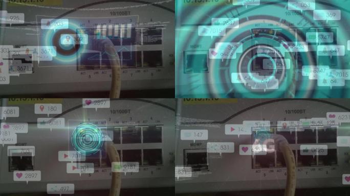 6g文本动画，横幅上的社交媒体图标在计算机服务器上扫描范围